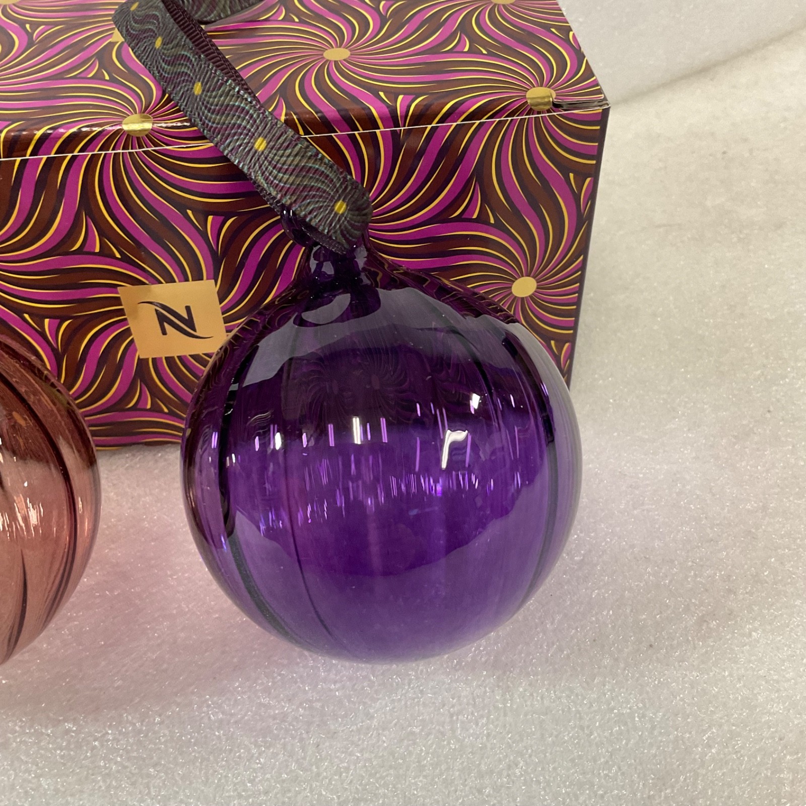 Nespresso 2 Festive Glass Baubles Pink Purple 3 in Ornaments Boxed - Image 3