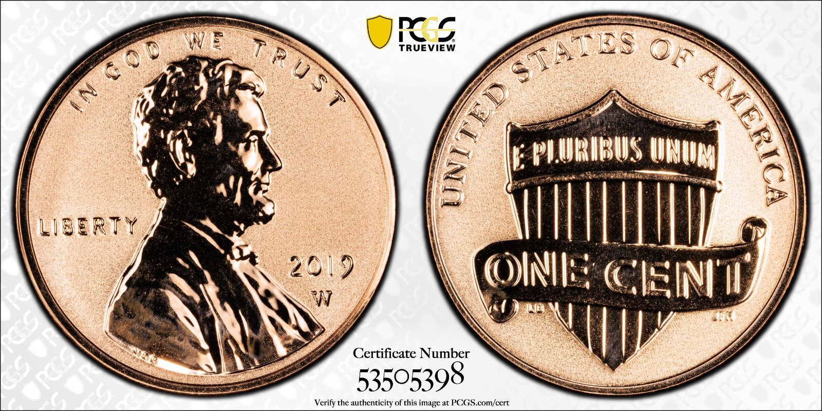2019-W 1C Reverse Proof PCGS PR68 Lincoln Cent Cert#53505398 - Image 1