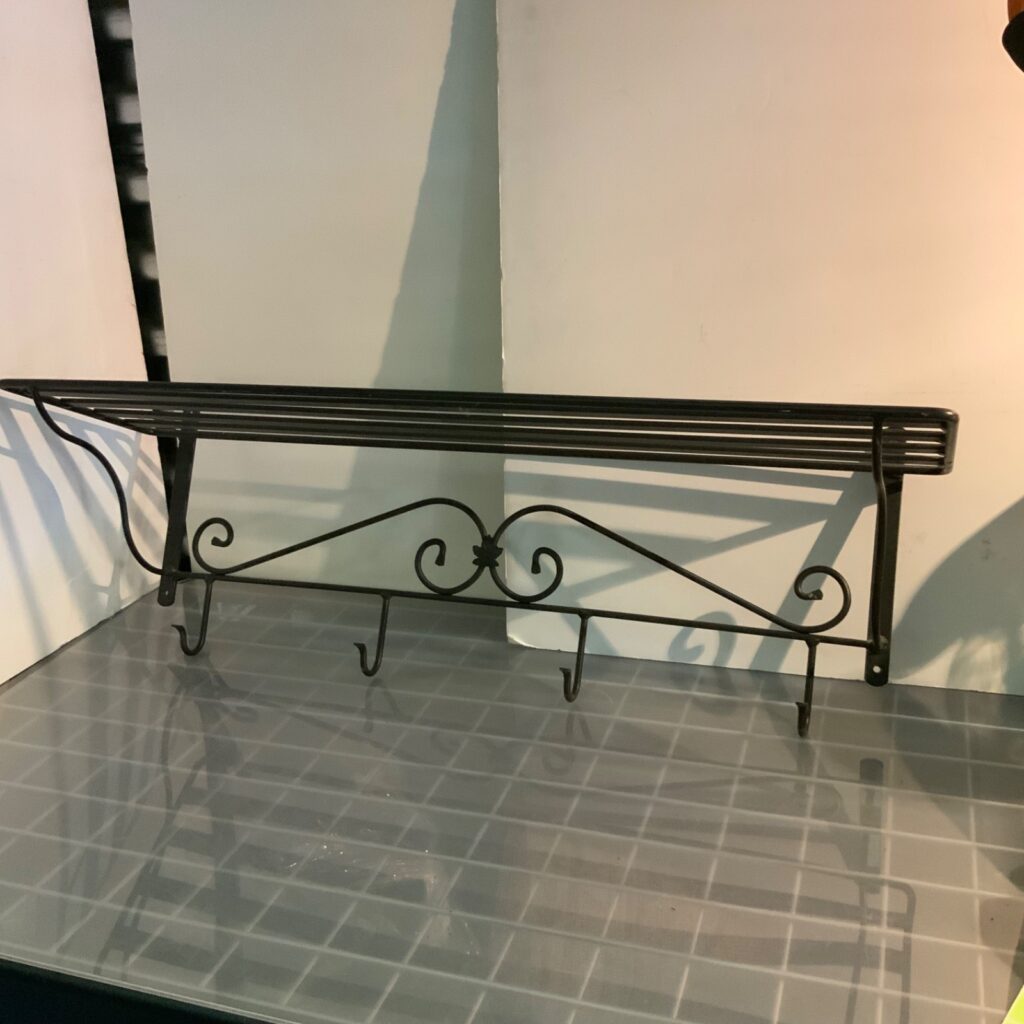 Black Metal Wall Mount Shelf Coat Rack 5 Hooks Scrollwork 31 in - Image 1