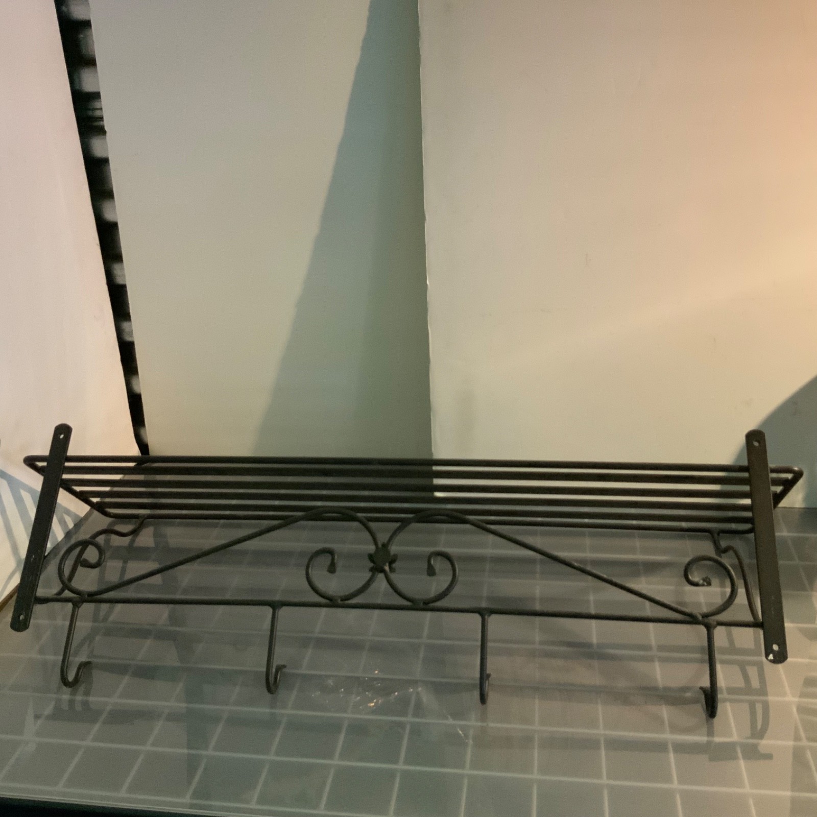 Black Metal Wall Mount Shelf Coat Rack 5 Hooks Scrollwork 31 in - Image 9