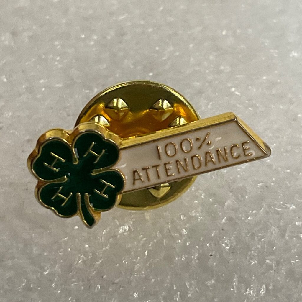 Vintage 4-H 100% Attendance Pin Gold Tone Green Clover 0.75in Ballou Marked 1.78 - Image 1