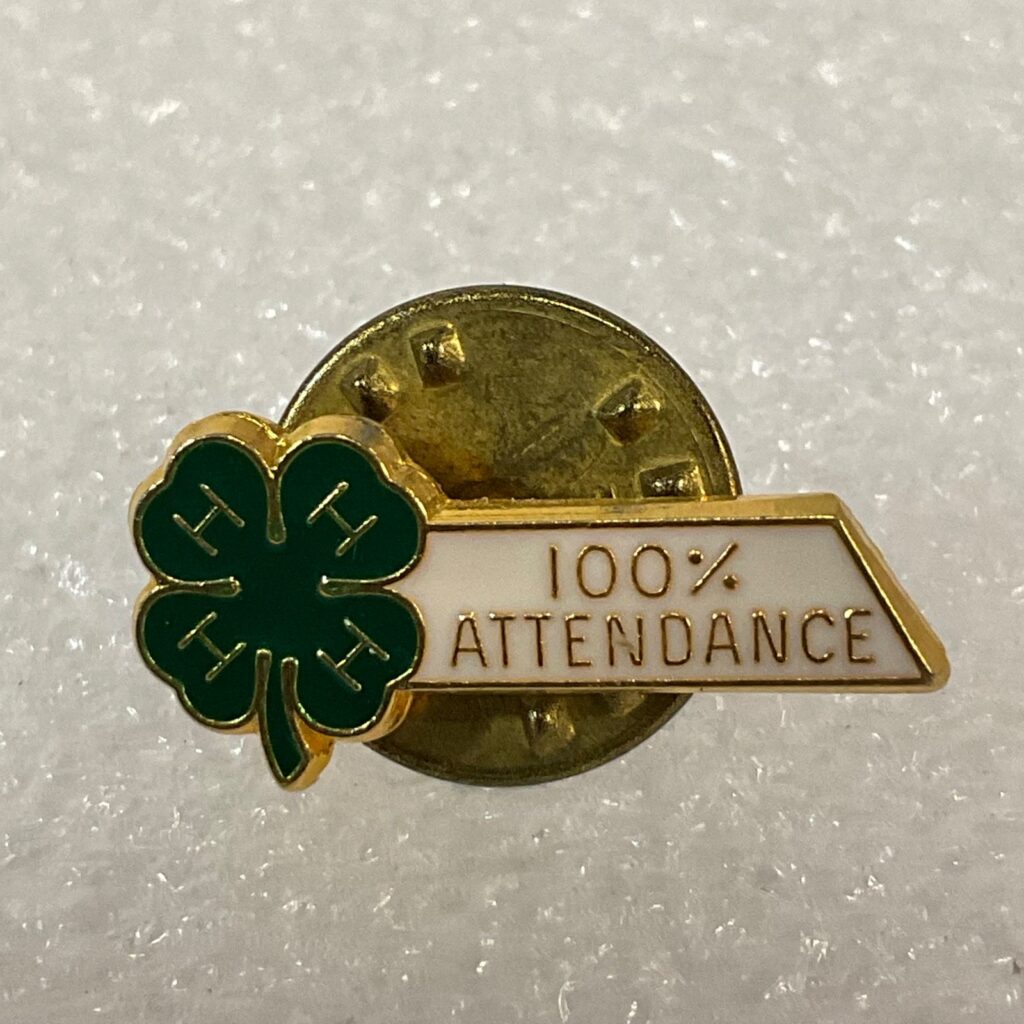 Vintage 4-H 100% Attendance Pin Gold Tone Enamel Clover Design 0.75in Ballou - Image 1