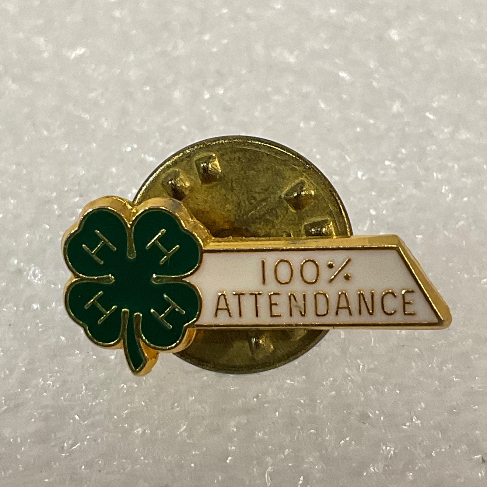 Vintage 4-H 100% Attendance Pin Gold Tone Enamel Clover Design 0.75in Ballou - Image 1