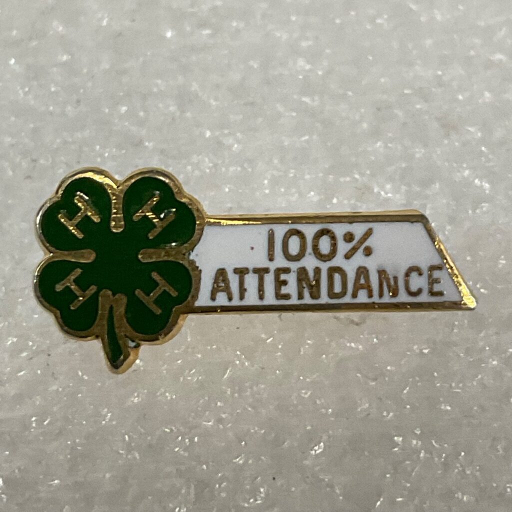 Vintage 4-H 100% Attendance Pin Gold Tone Green Clover Enamel 1in Award Badge - Image 1