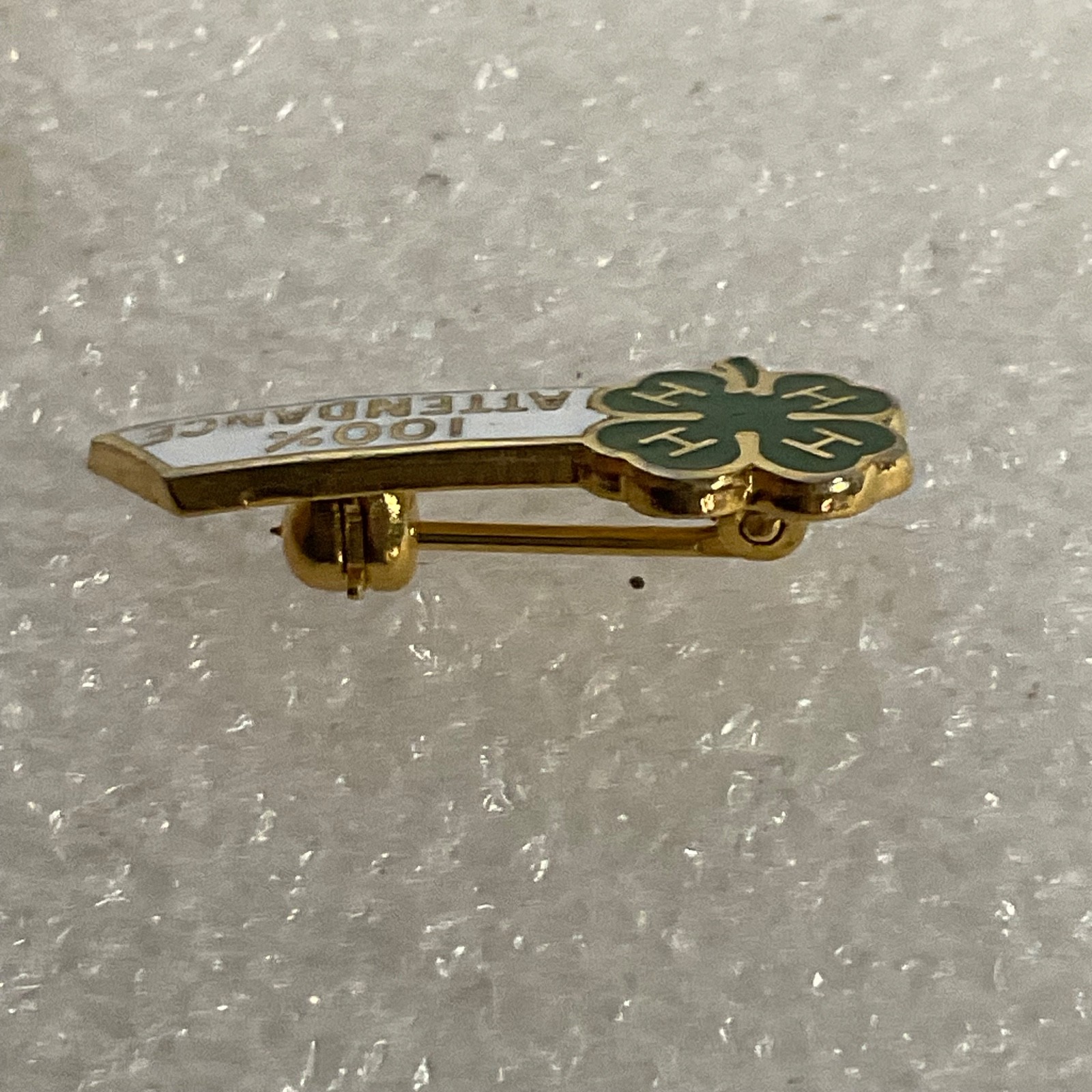 Vintage 4-H 100% Attendance Pin Gold Tone Green Clover Enamel 1in Award Badge - Image 5