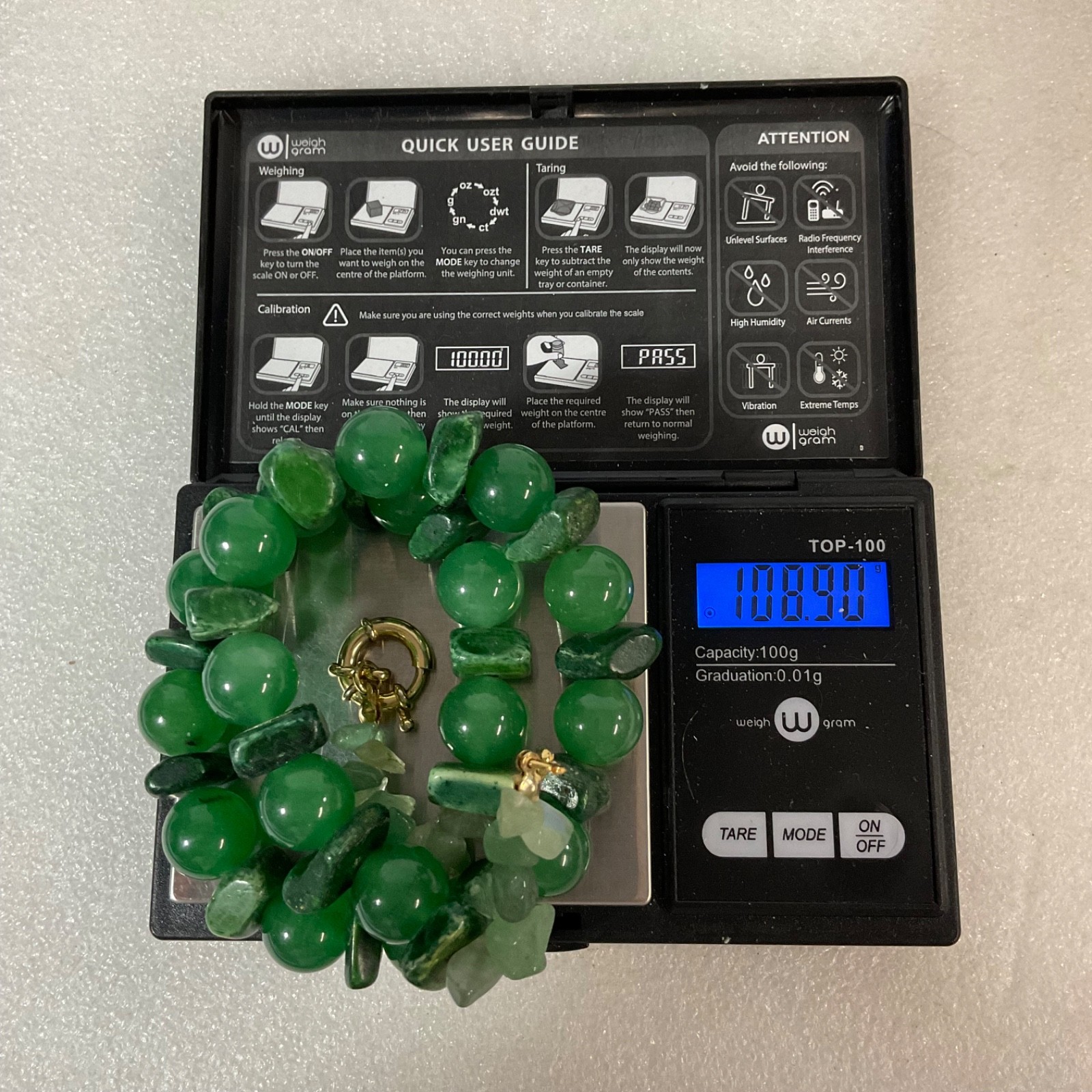 Green Jade Bead Necklace 18 in Round & Chip Beads 108.9g Gold Clasp - Image 8