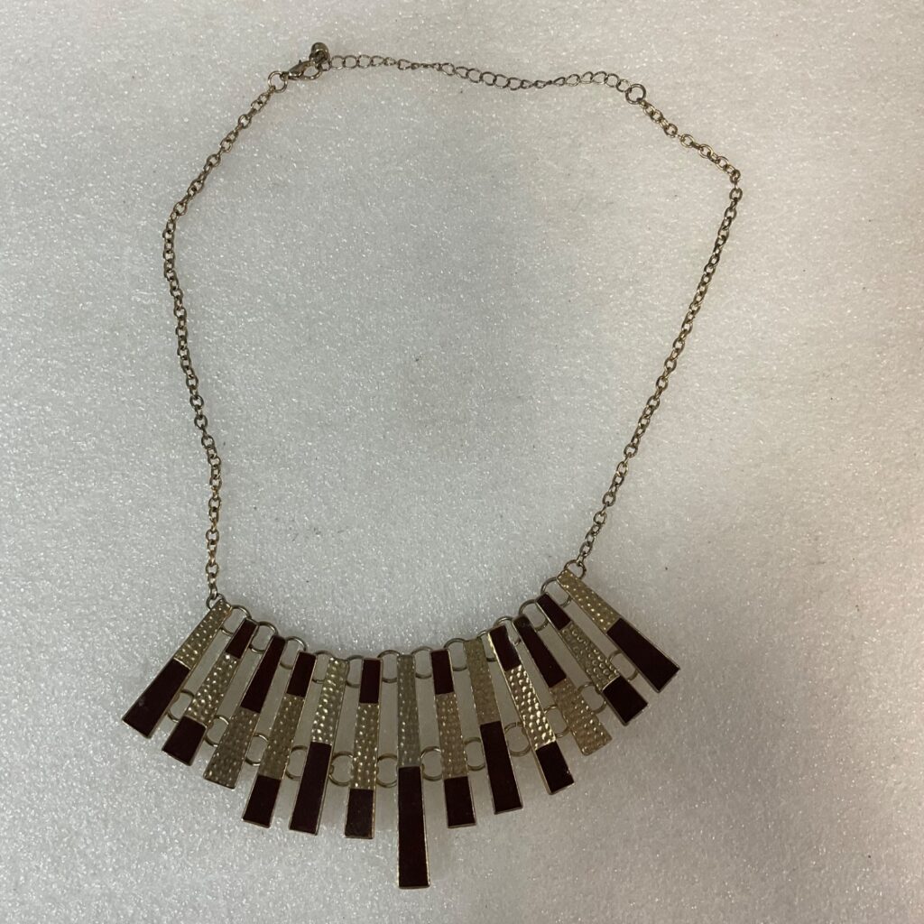 21in Gold Tone Fringe Necklace Brown Enamel Hammered Bar Bib - Image 1