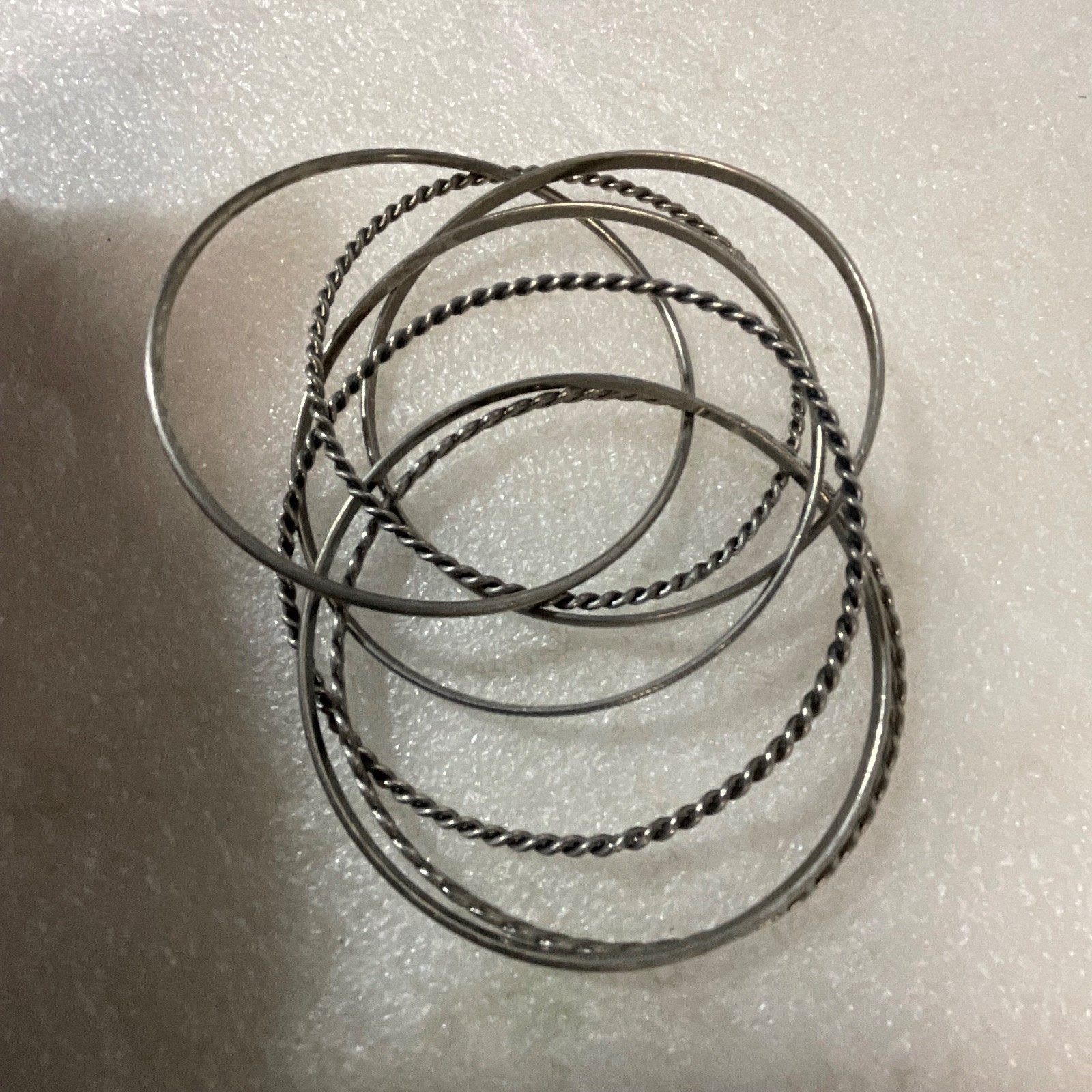 Set of 5 Silver Tone Bangle Bracelets 8in Mixed Twisted & Smooth Stackable 37g - Image 6