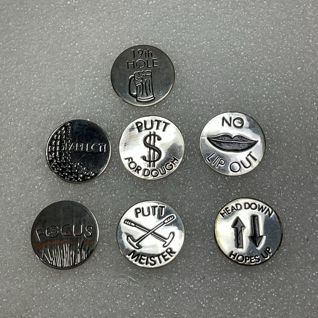 Newman Marcus Silver Toned 7 Golf Ball Markers Lot In Cloth Pouch OldGnu - Image 1