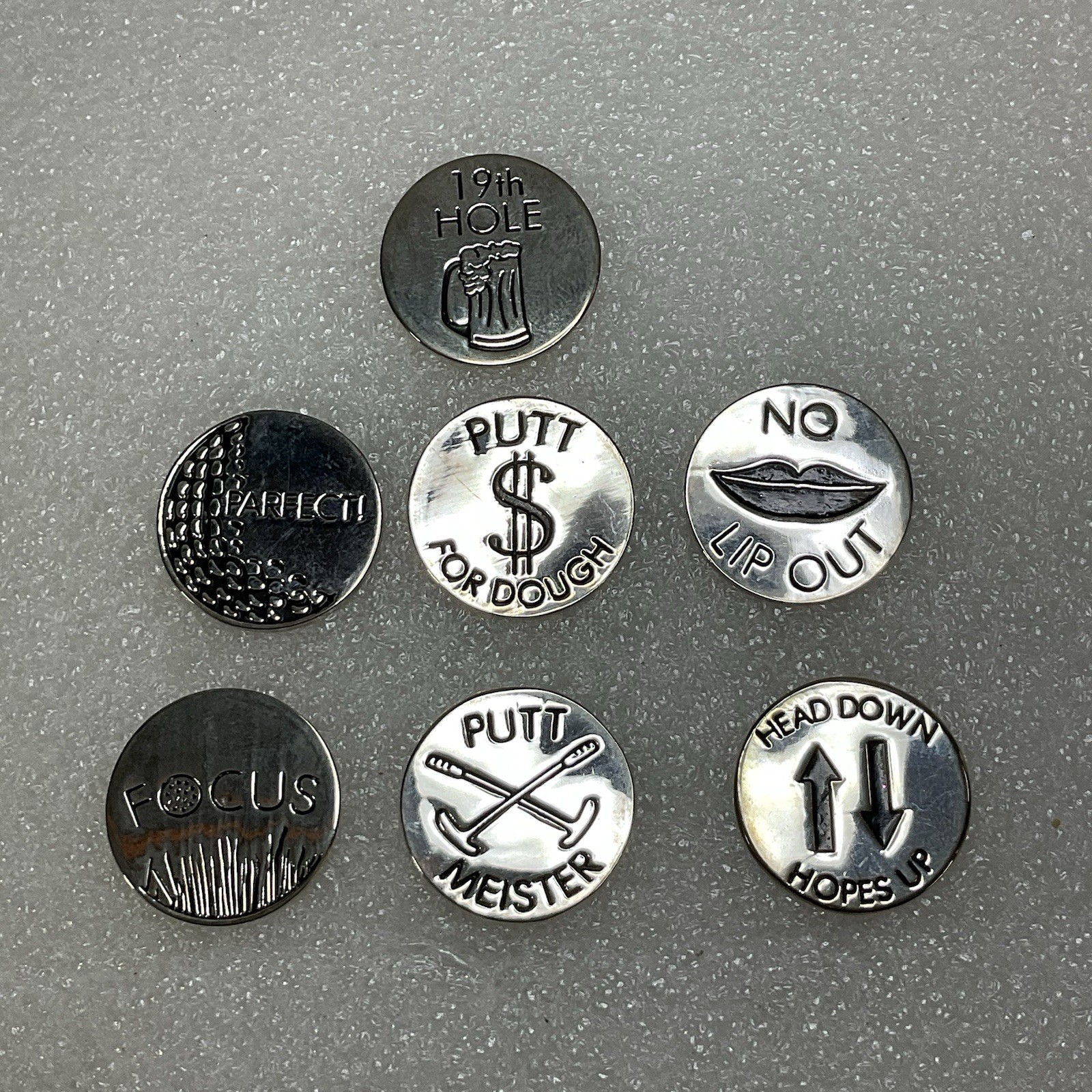 Newman Marcus Silver Toned 7 Golf Ball Markers Lot In Cloth Pouch OldGnu - Image 1