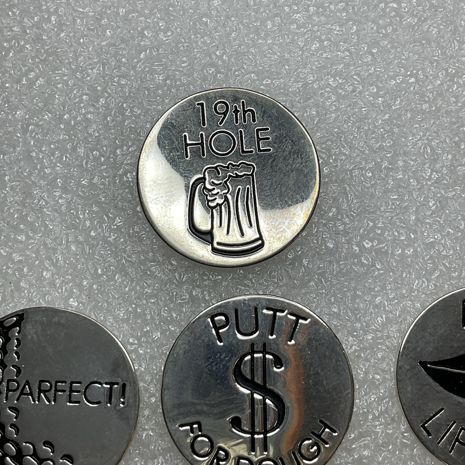 Newman Marcus Silver Toned 7 Golf Ball Markers Lot In Cloth Pouch OldGnu - Image 2