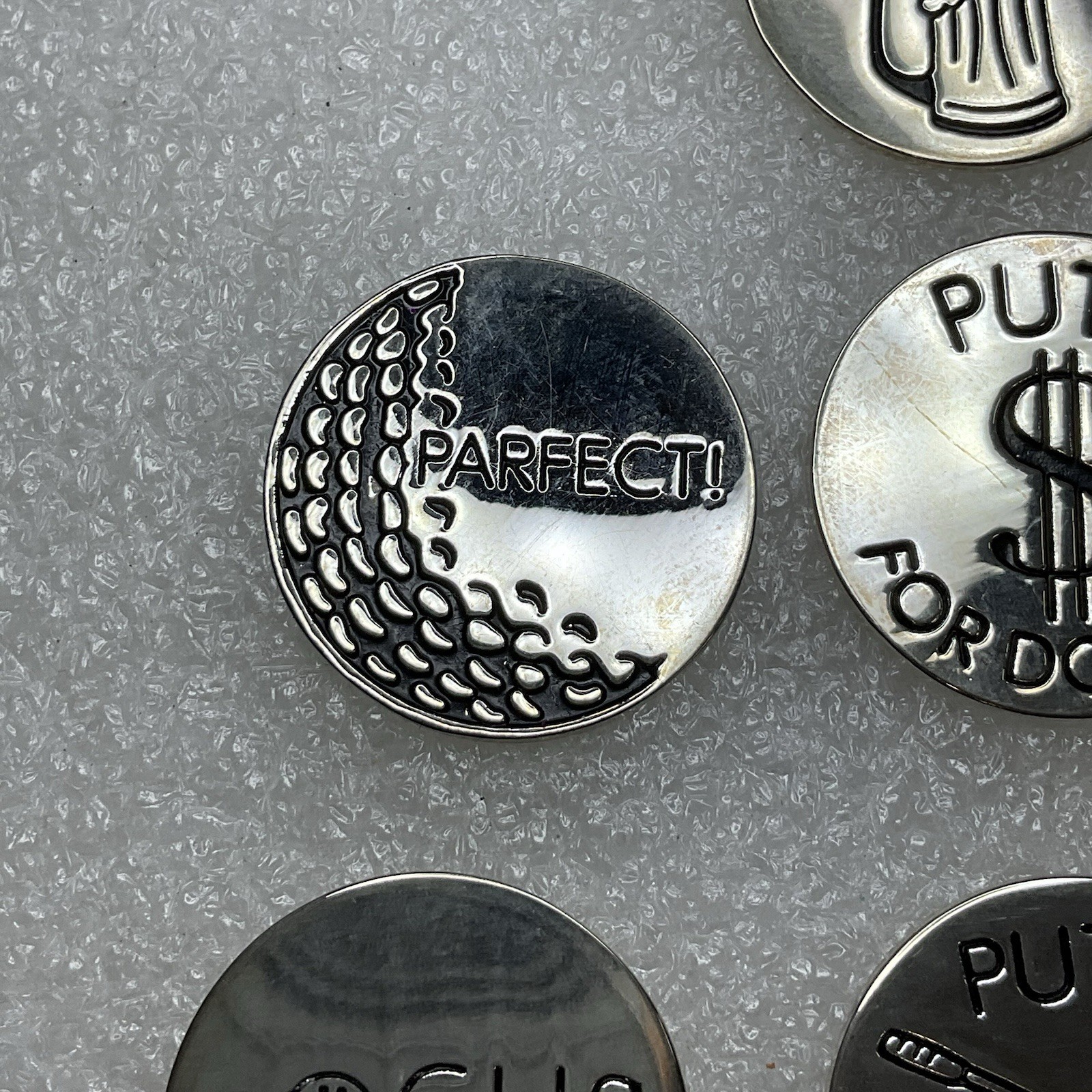 Newman Marcus Silver Toned 7 Golf Ball Markers Lot In Cloth Pouch OldGnu - Image 3