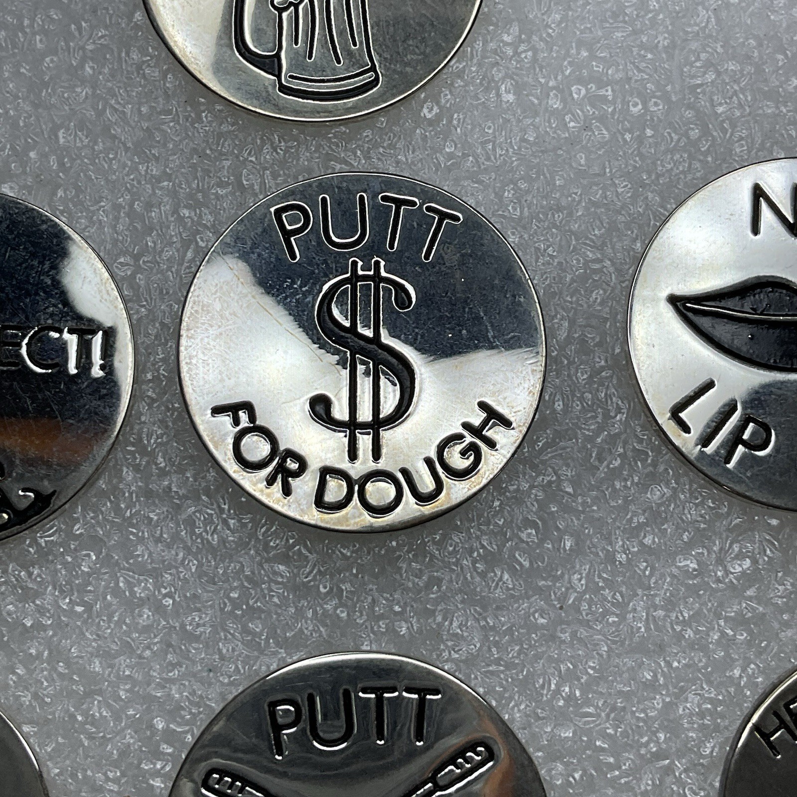 Newman Marcus Silver Toned 7 Golf Ball Markers Lot In Cloth Pouch OldGnu - Image 4