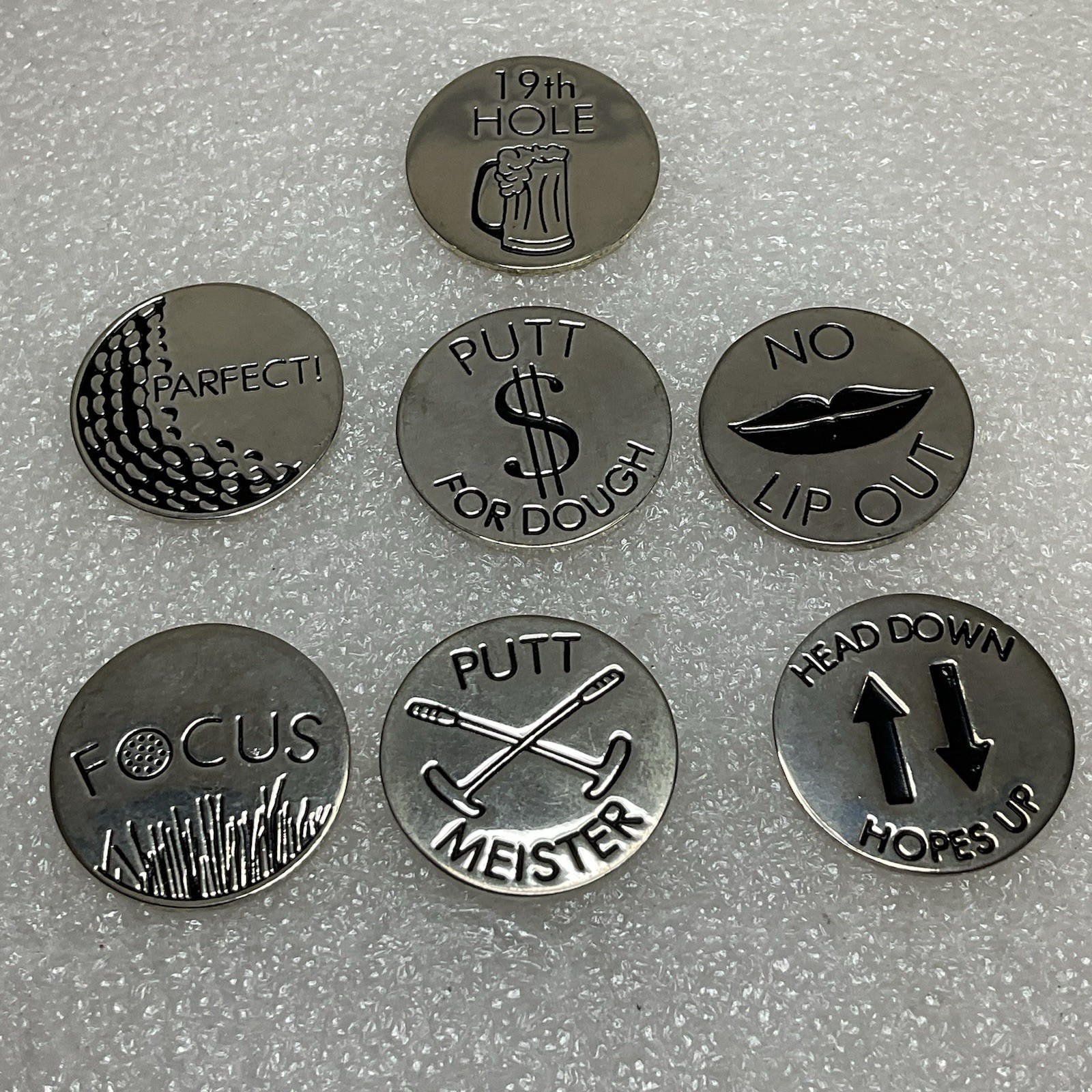 Newman Marcus Silver Toned 7 Golf Ball Markers Lot In Cloth Pouch OldGnu - Image 10