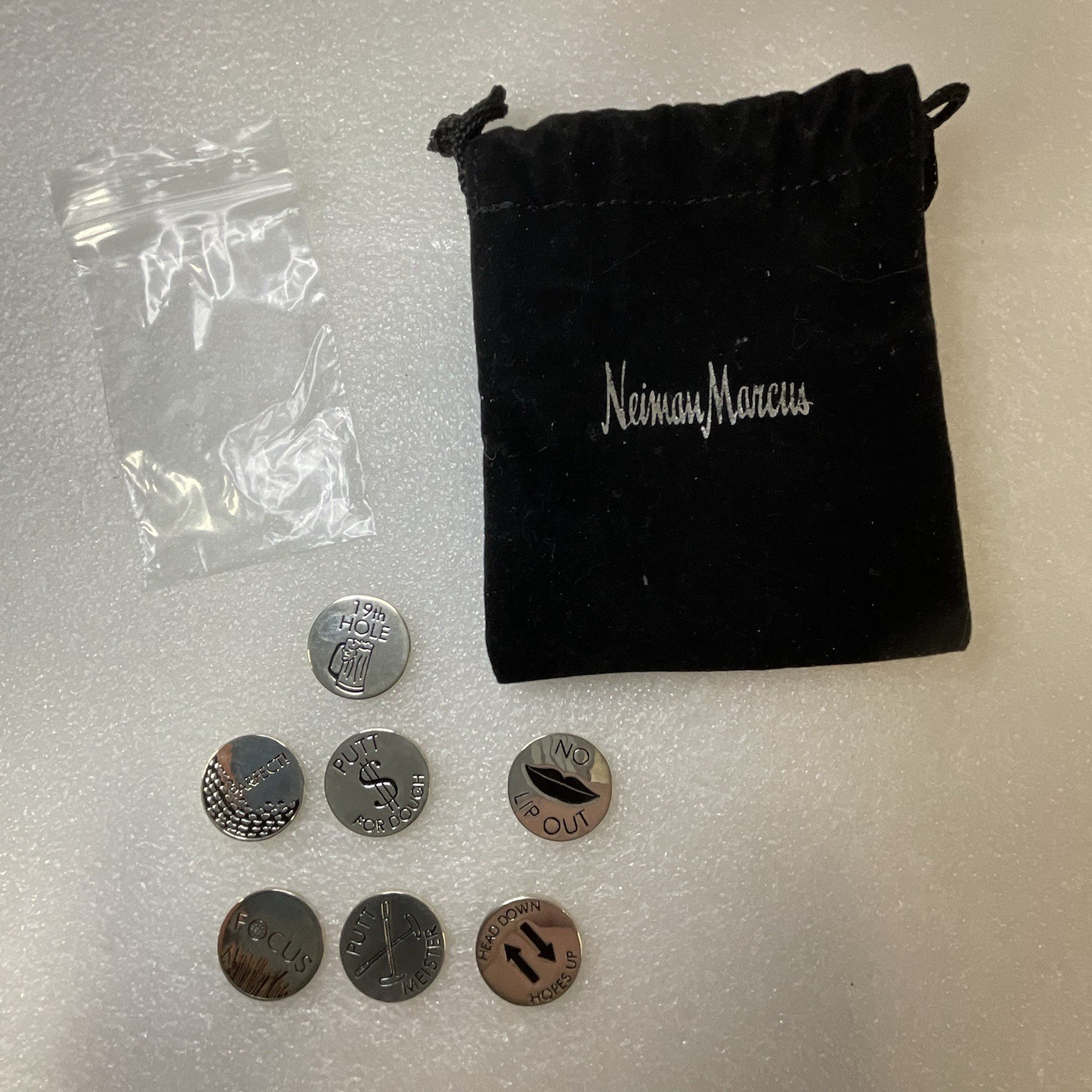 Newman Marcus Silver Toned 7 Golf Ball Markers Lot In Cloth Pouch OldGnu - Image 12