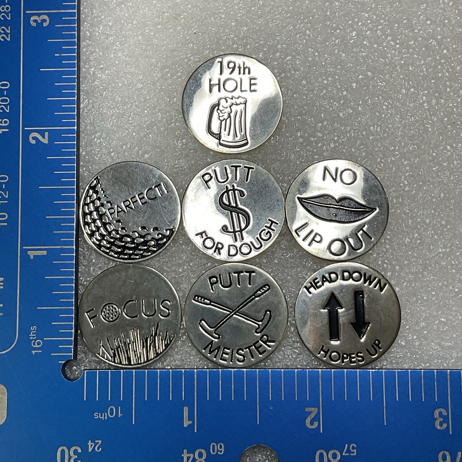 Newman Marcus Silver Toned 7 Golf Ball Markers Lot In Cloth Pouch OldGnu - Image 11