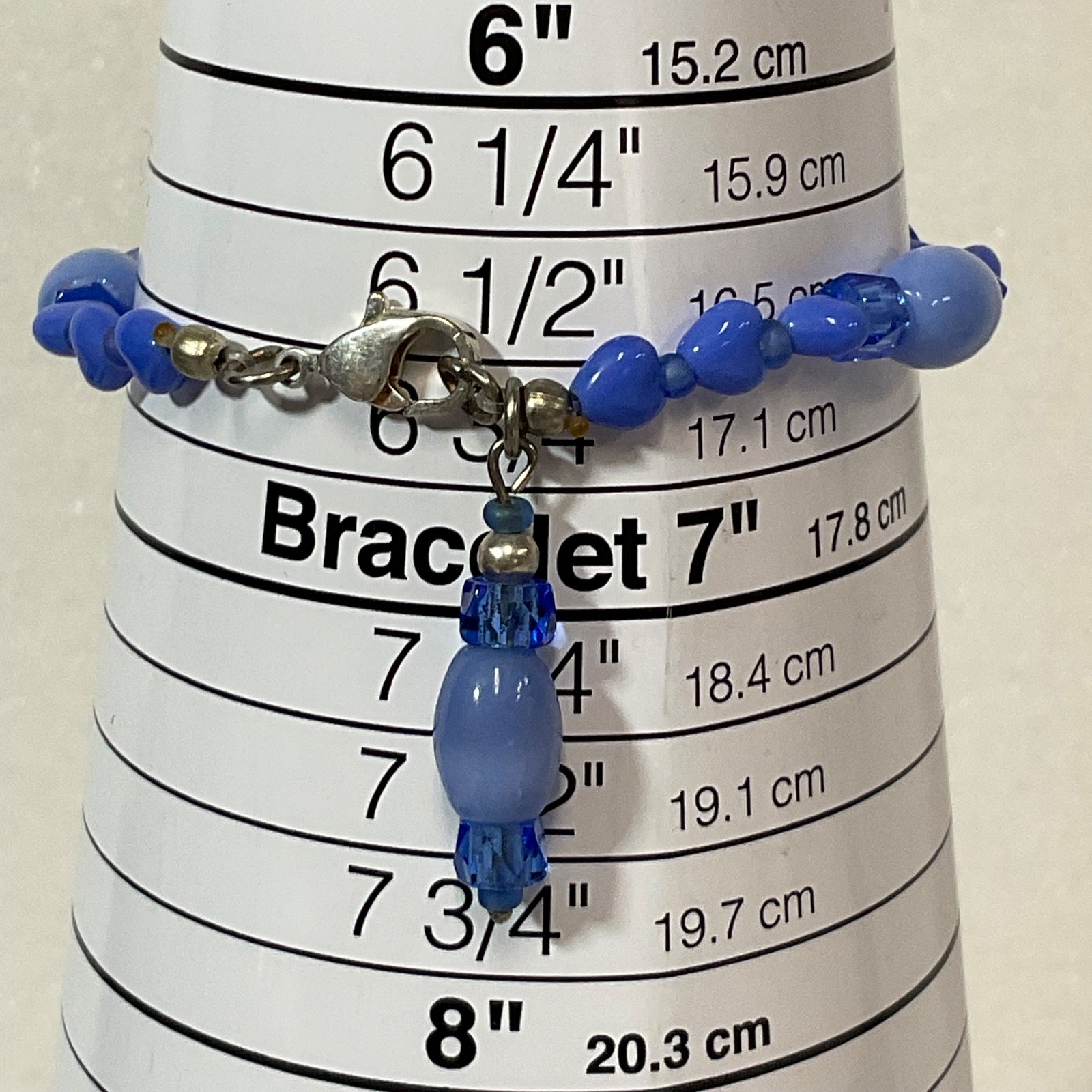 6.75in Blue Glass Beaded Bracelet with Charm Silver Tone Clasp Handmade - Image 5