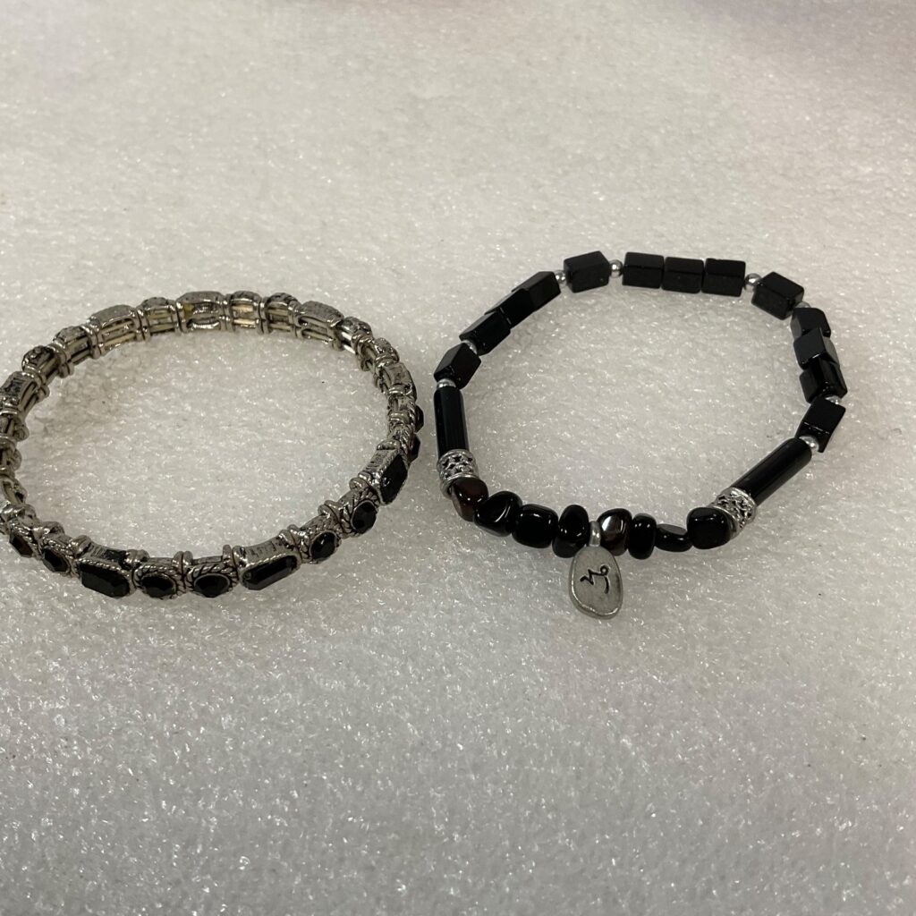 6in & 6.5in Black Beaded Bracelet Pair Silver Tone Stretch Jewelry Set - Image 1