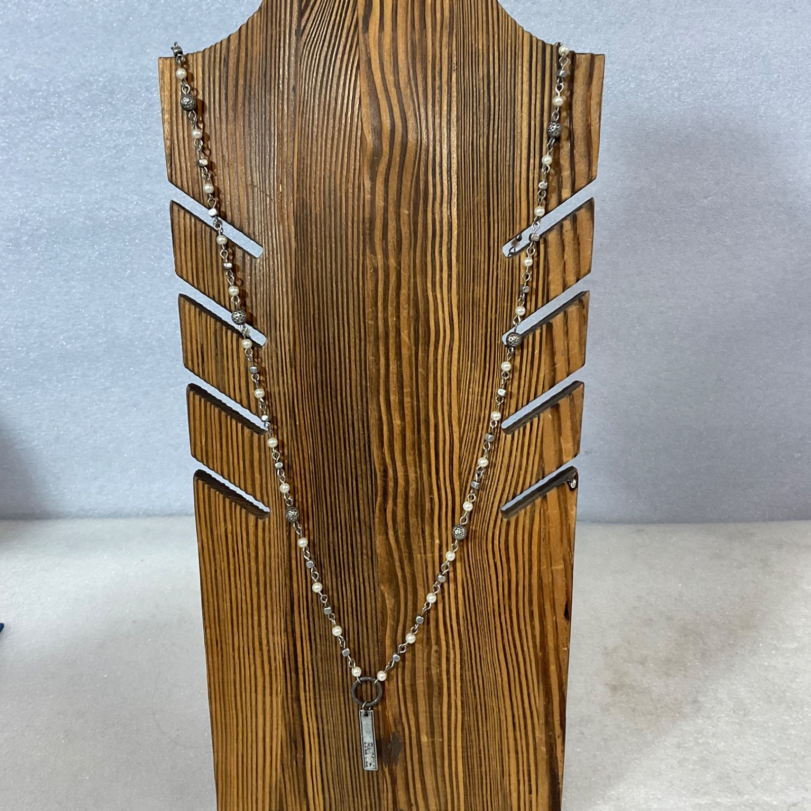 40in Silver Tone Bead Chain Necklace Faith Bar Pendant - Image 1