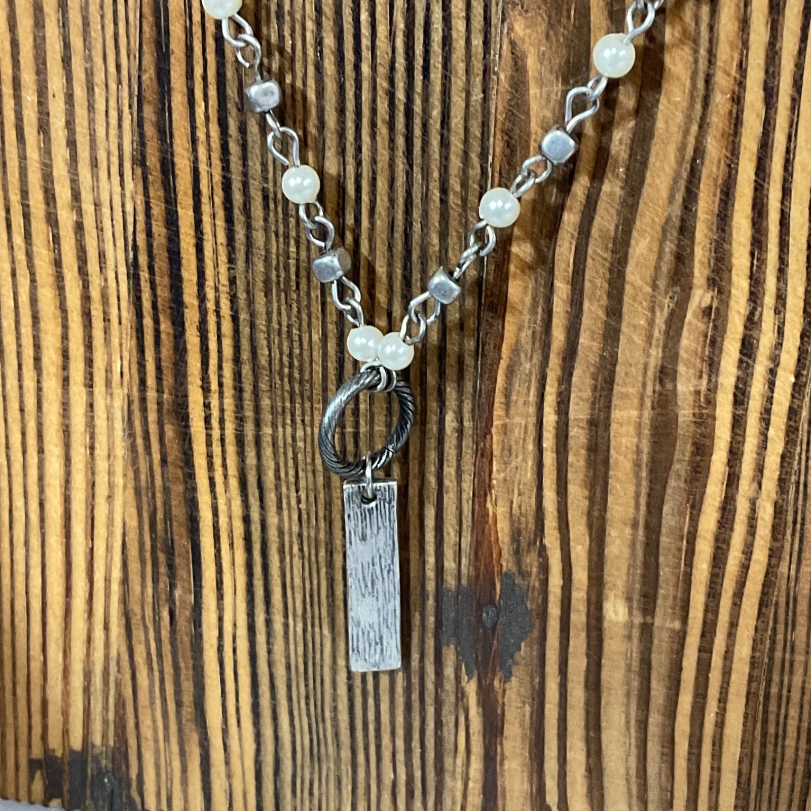 40in Silver Tone Bead Chain Necklace Faith Bar Pendant - Image 3