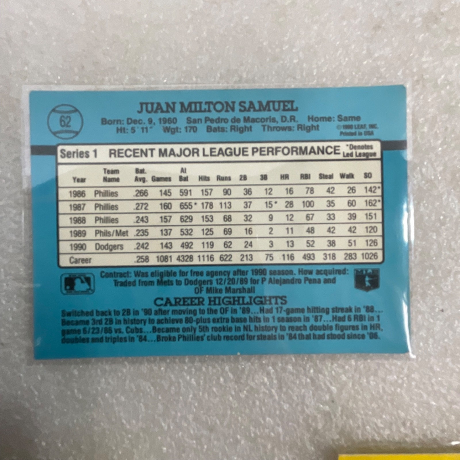 1989-1991 MLB Baseball 10 Card Lot Tim Raines Samuel Fleer Topps - Image 14