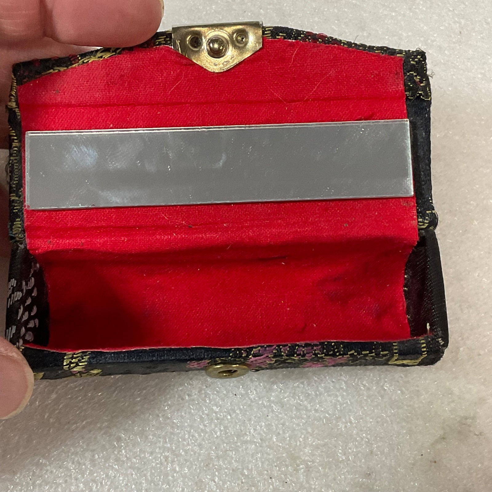 Vintage Brocade Lipstick Case 3in Black Red Gold Floral Fabric with Mirror - Image 2