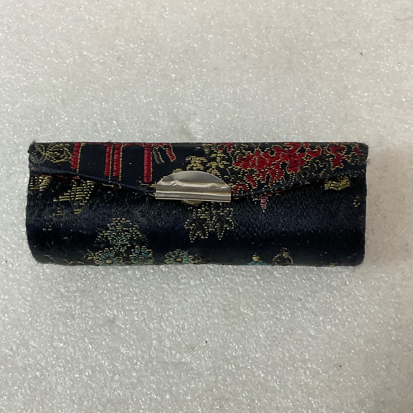 Vintage Brocade Lipstick Case 3in Black Red Gold Floral Fabric with Mirror - Image 1