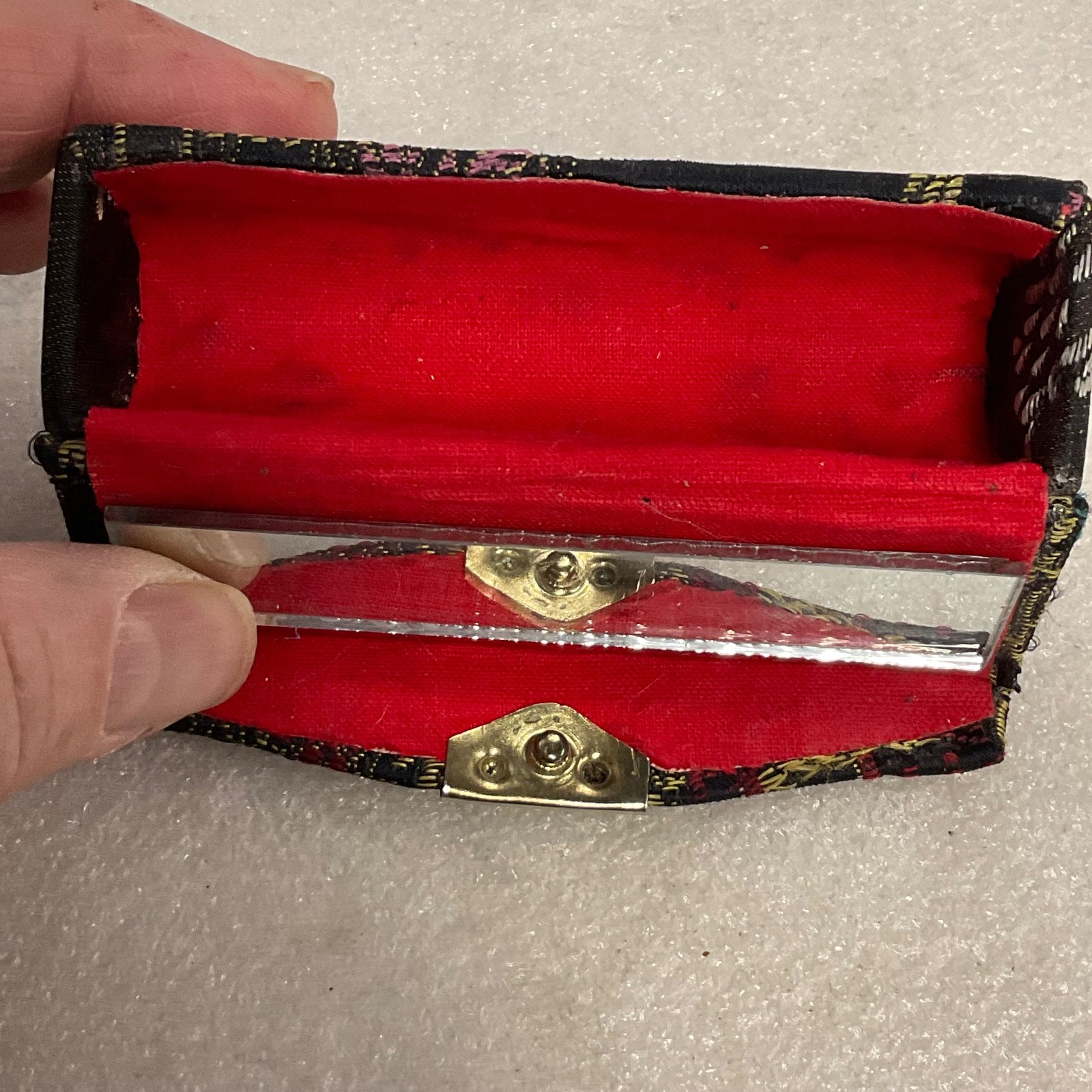 Vintage Brocade Lipstick Case 3in Black Red Gold Floral Fabric with Mirror - Image 4