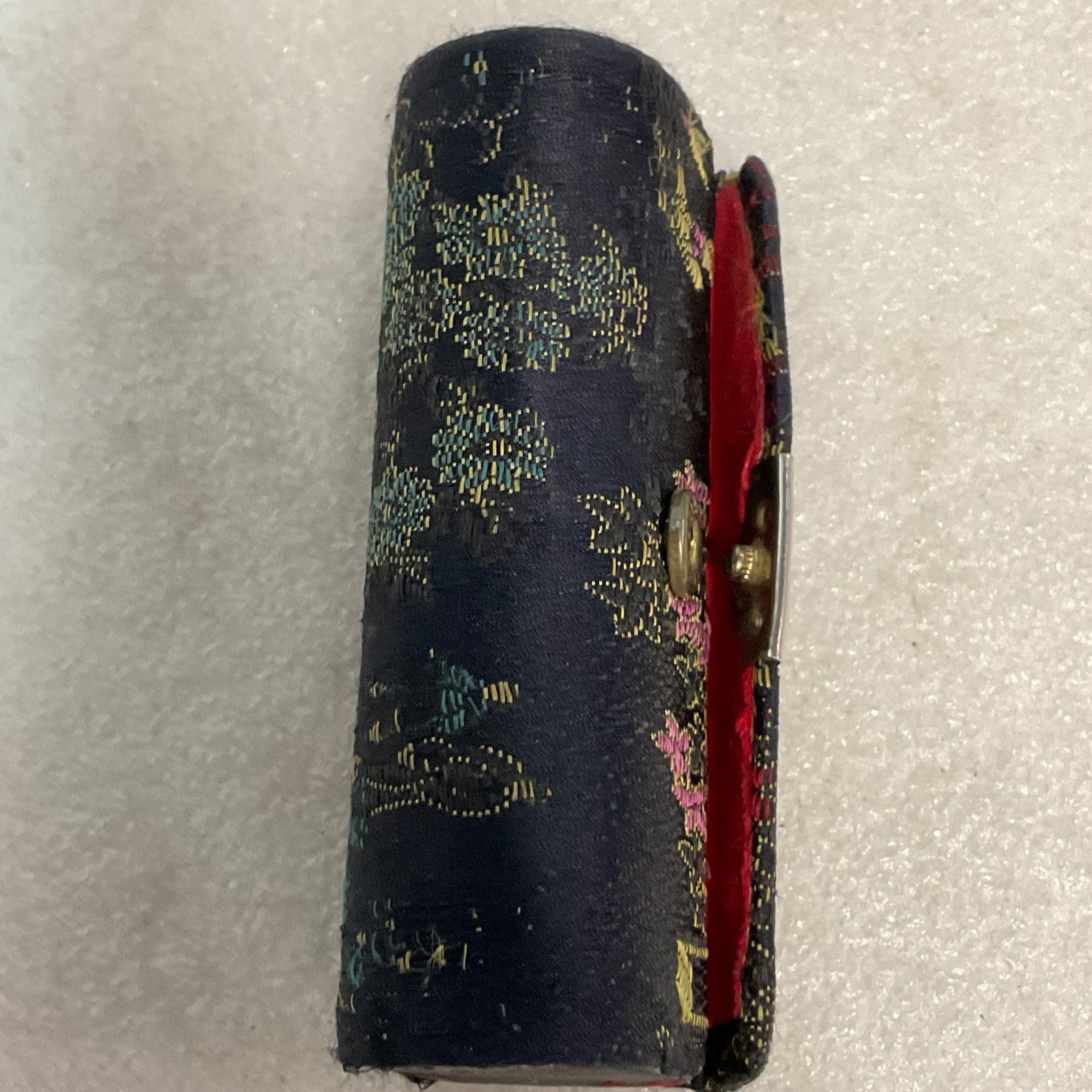 Vintage Brocade Lipstick Case 3in Black Red Gold Floral Fabric with Mirror - Image 5
