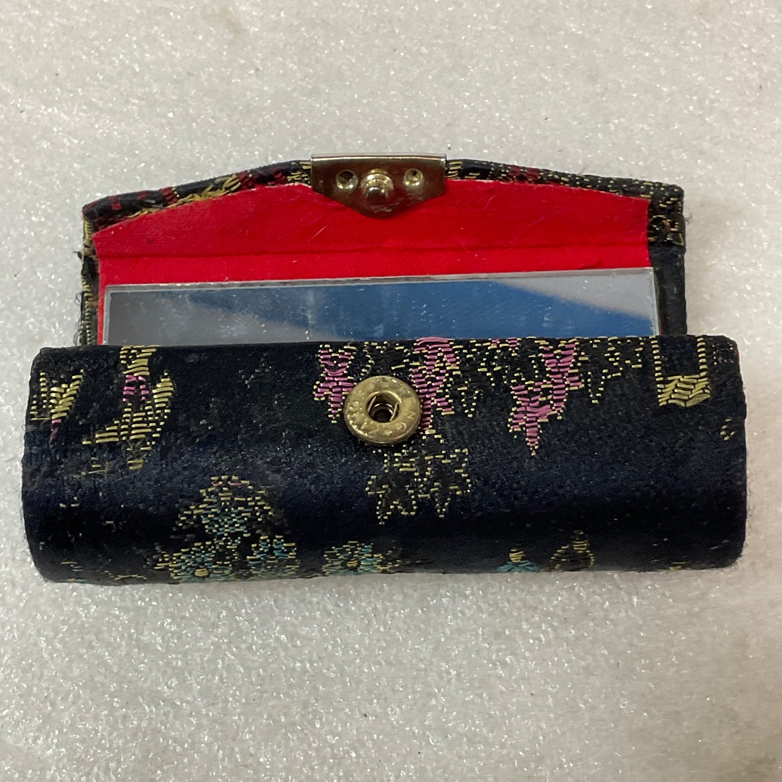Vintage Brocade Lipstick Case 3in Black Red Gold Floral Fabric with Mirror - Image 3