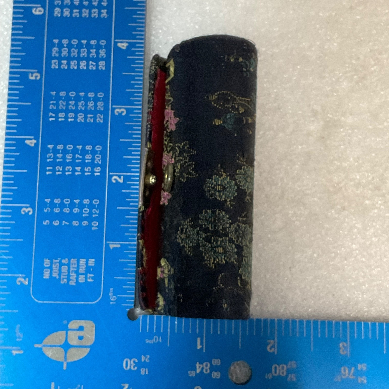 Vintage Brocade Lipstick Case 3in Black Red Gold Floral Fabric with Mirror - Image 7