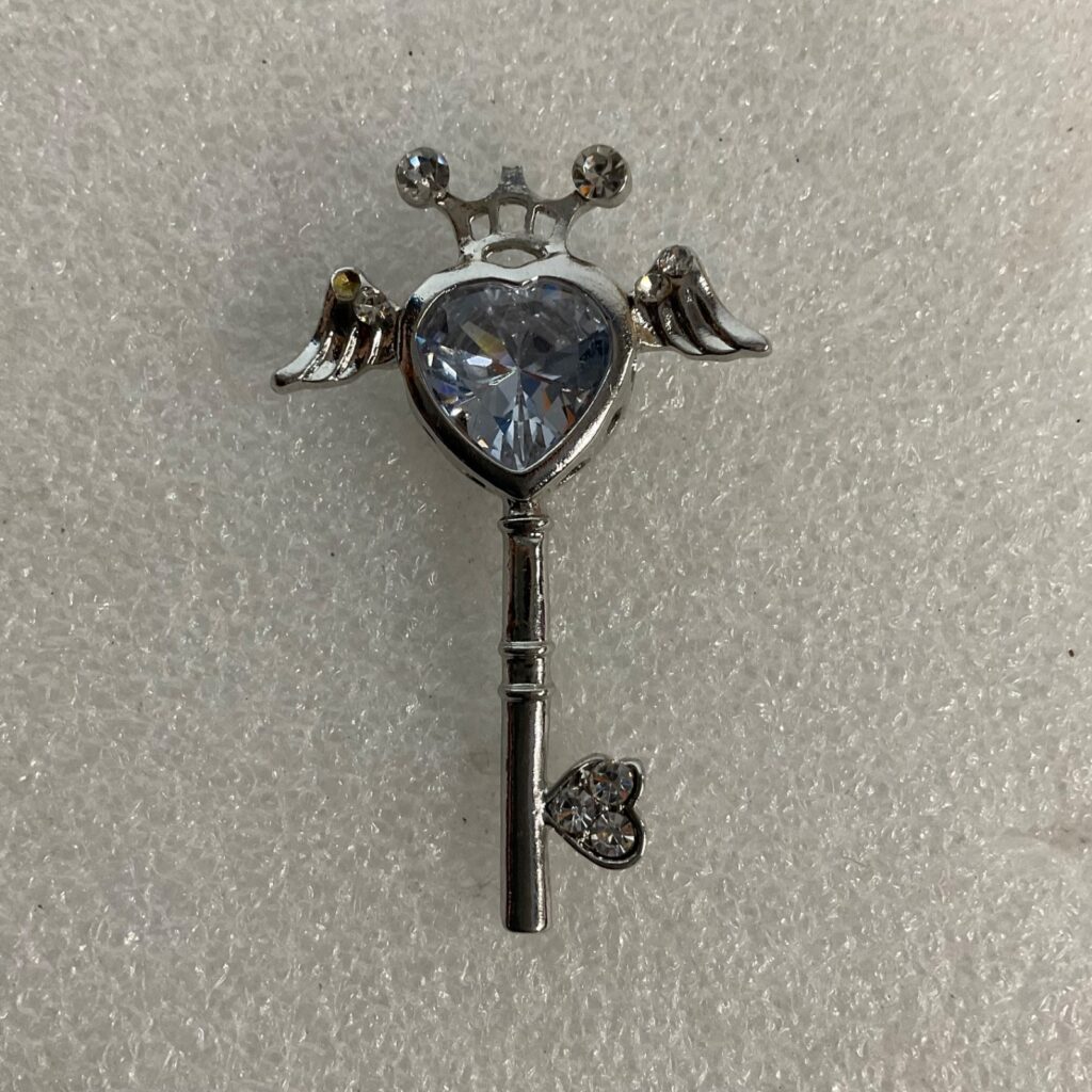 2in Silver Tone Key Pendant Crown Winged Heart Clear Rhinestones - Image 1