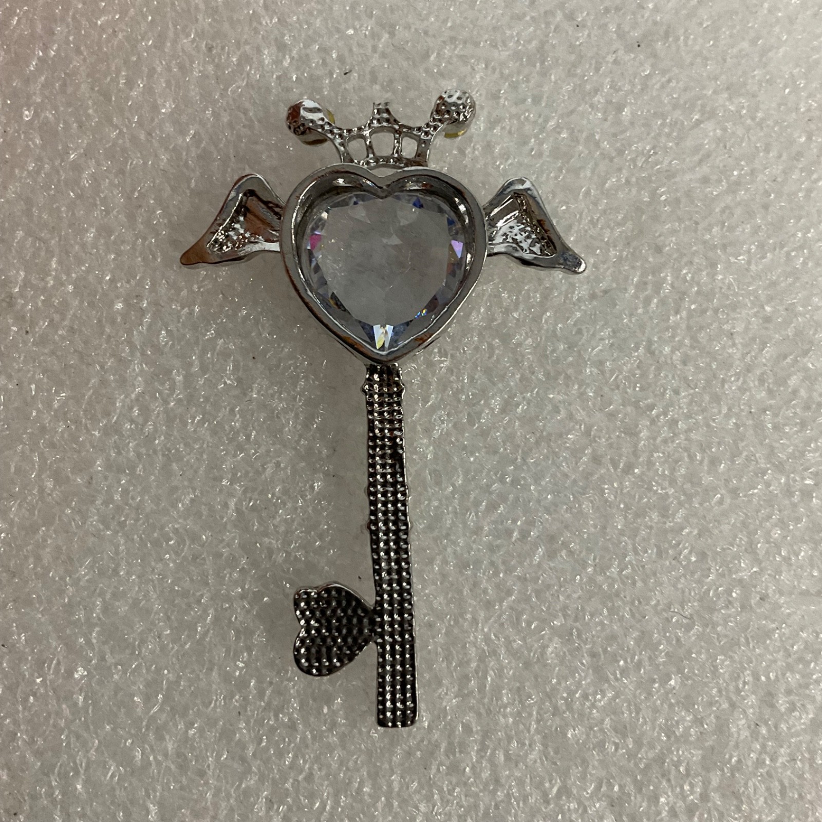 2in Silver Tone Key Pendant Crown Winged Heart Clear Rhinestones - Image 2