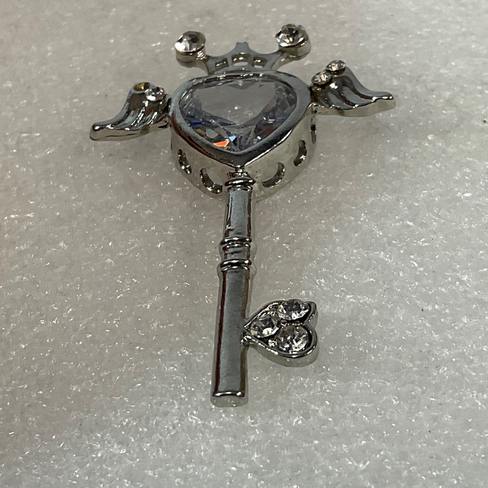 2in Silver Tone Key Pendant Crown Winged Heart Clear Rhinestones - Image 4