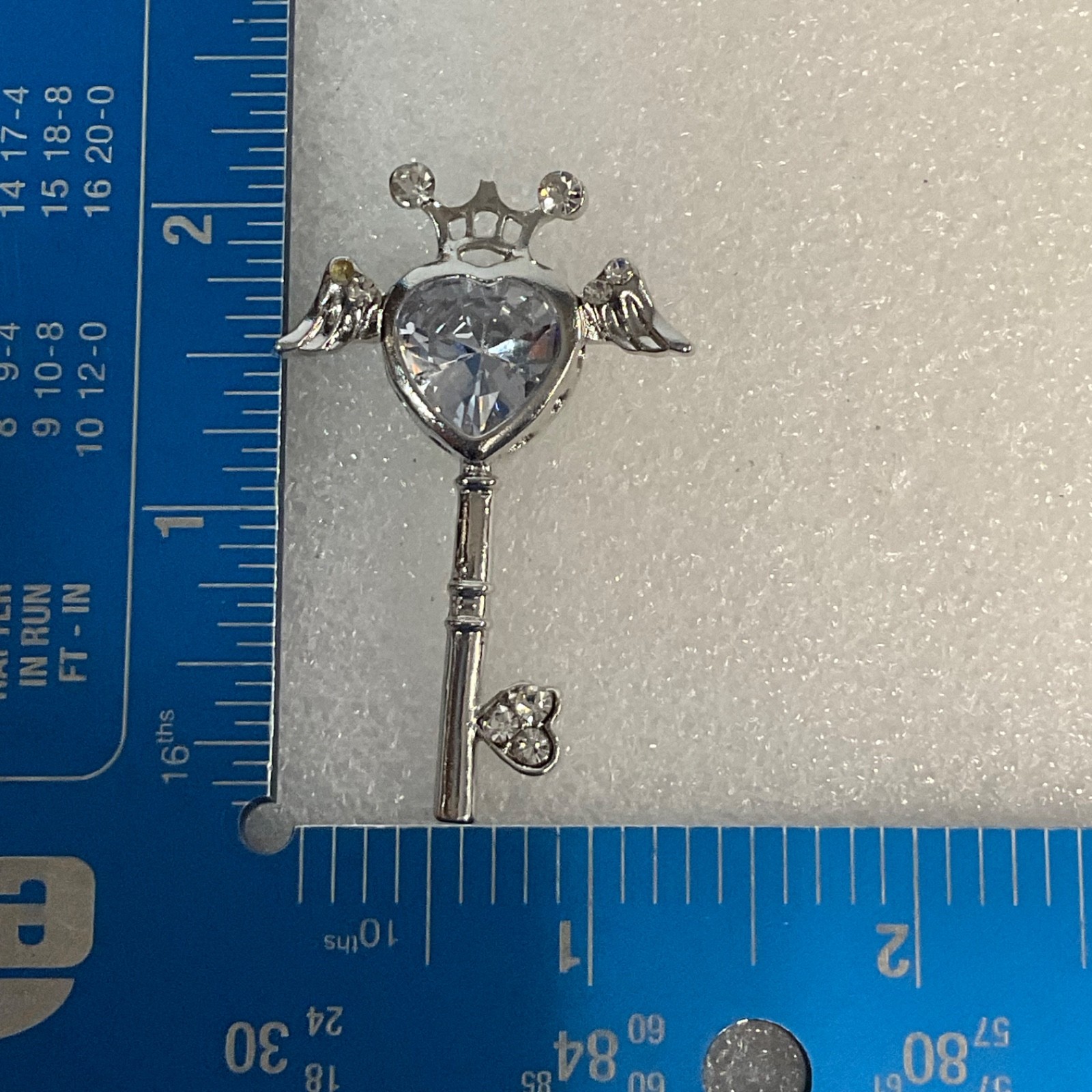 2in Silver Tone Key Pendant Crown Winged Heart Clear Rhinestones - Image 7