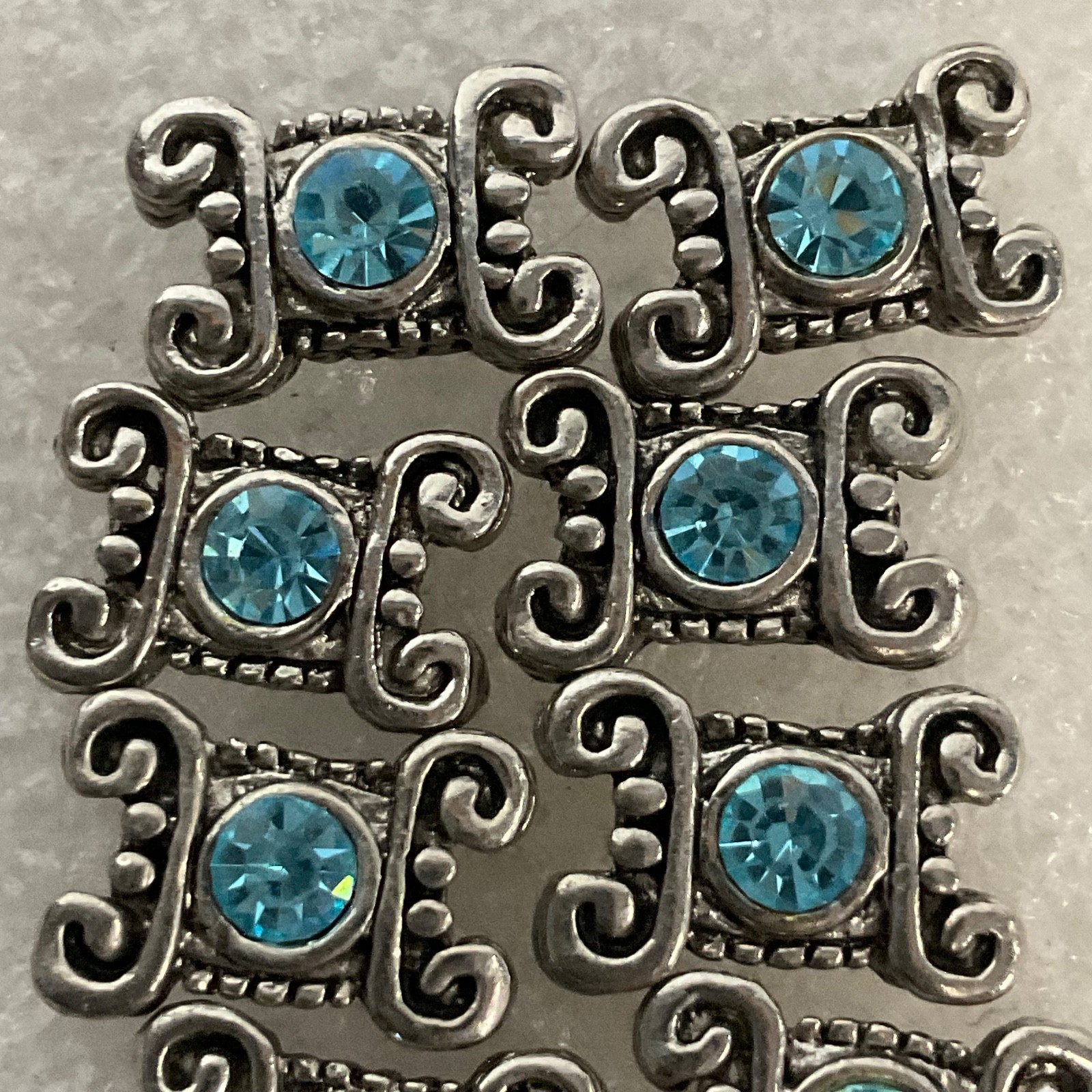 10pc Silver Tone Spacer Beads Blue Rhinestone Inlay 1.67g Each Jewelry Making - Image 2