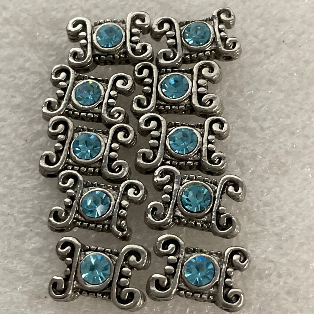 10pc Silver Tone Spacer Beads Blue Rhinestone Inlay 1.67g Each Jewelry Making - Image 1