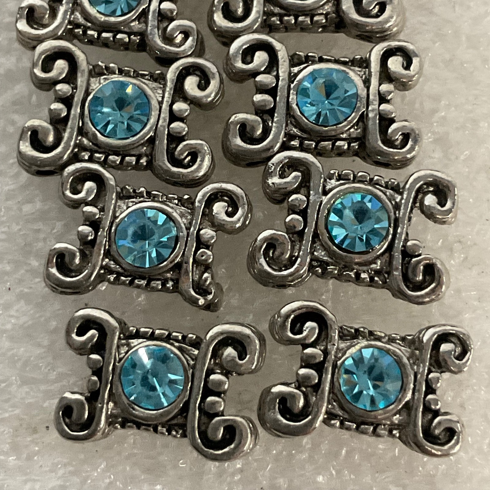 10pc Silver Tone Spacer Beads Blue Rhinestone Inlay 1.67g Each Jewelry Making - Image 3