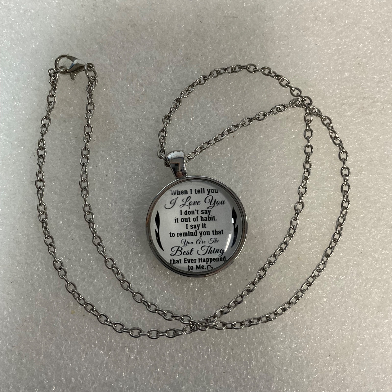 20in Silver Tone I Love You Quote Pendant Necklace Round Disc - Image 1