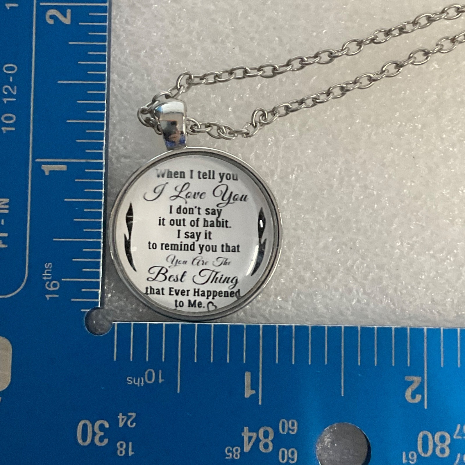 20in Silver Tone I Love You Quote Pendant Necklace Round Disc - Image 7