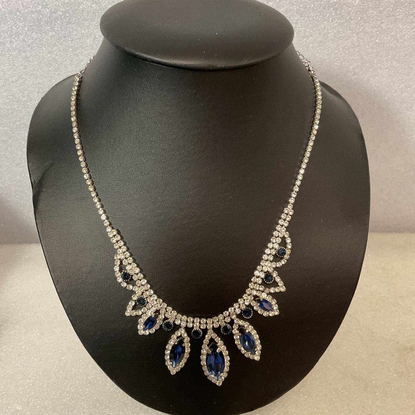 19in Silver Tone Blue Rhinestone Bib Statement Necklace 15.51g - Image 1