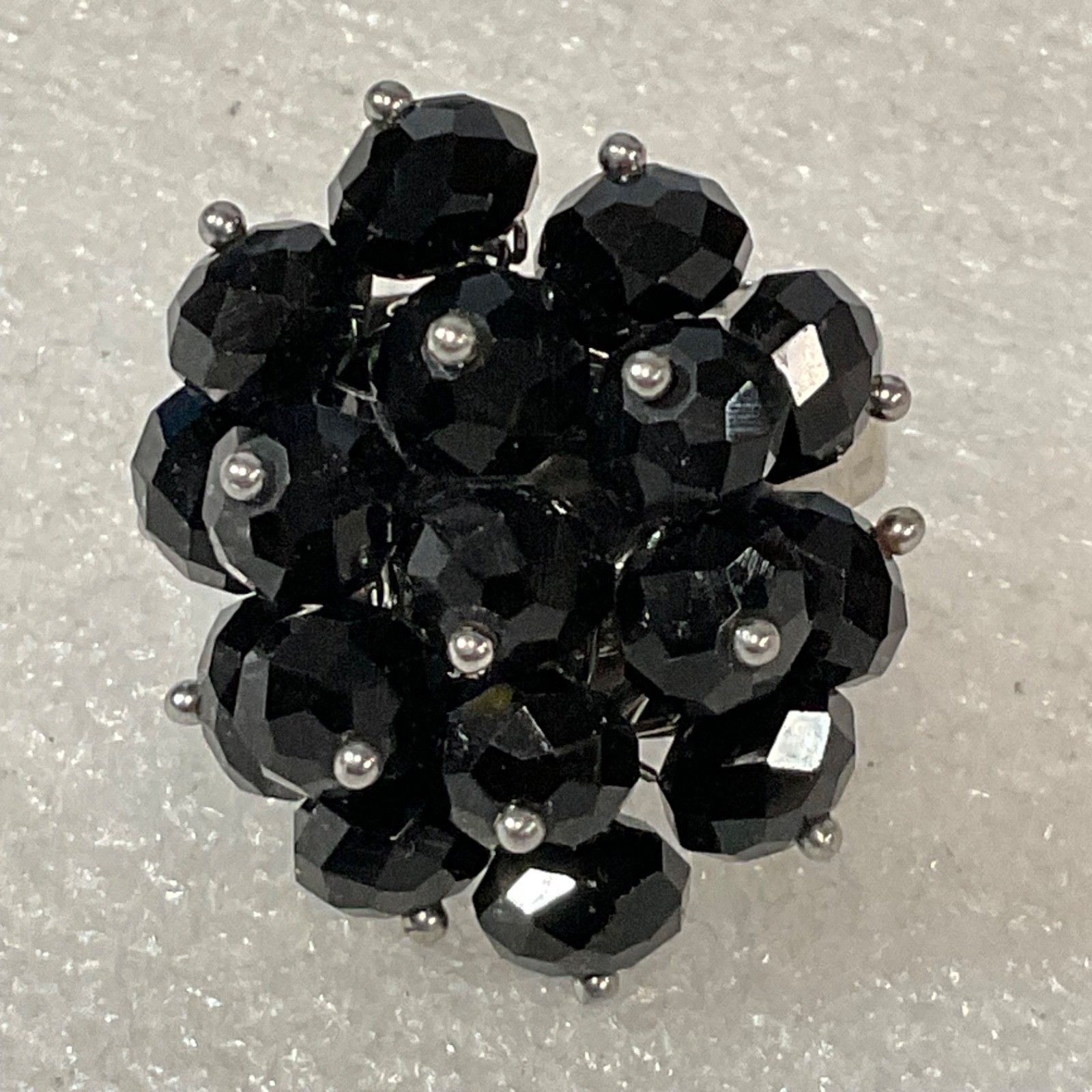 Black Faceted Bead Cluster Adjustable Ring Silver Tone 1in - Image 2