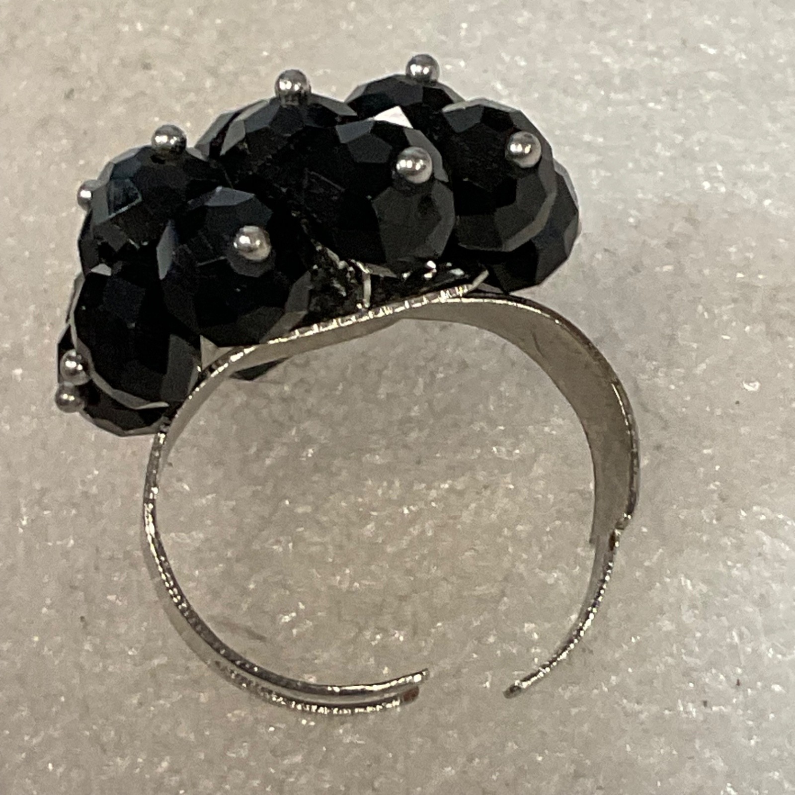 Black Faceted Bead Cluster Adjustable Ring Silver Tone 1in - Image 4