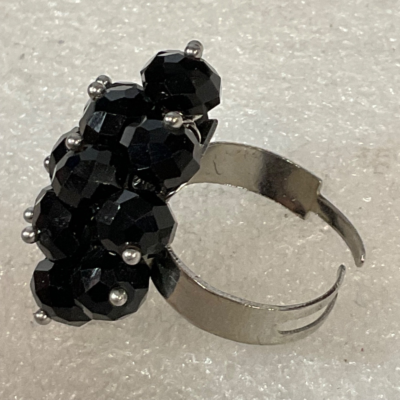 Black Faceted Bead Cluster Adjustable Ring Silver Tone 1in - Image 3