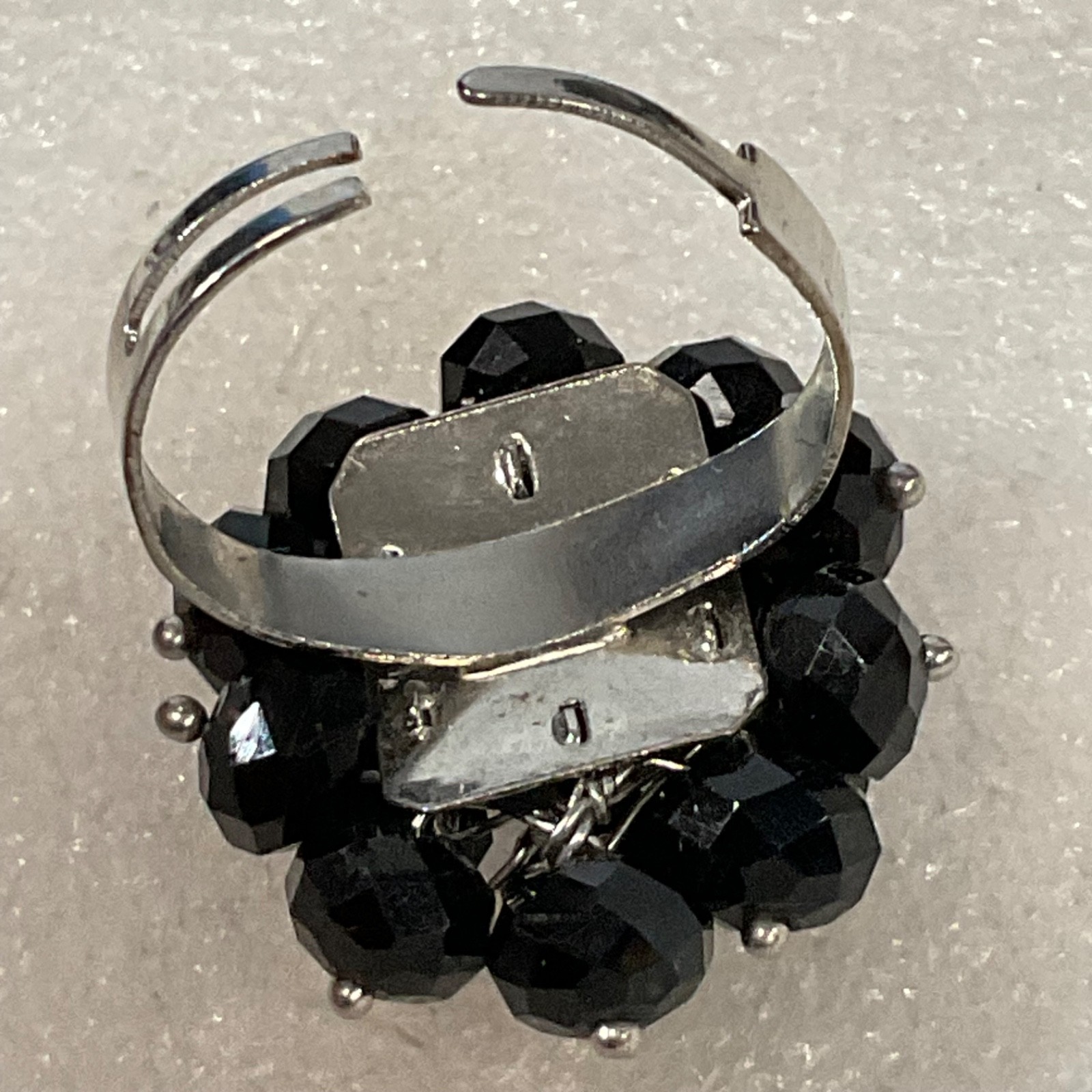 Black Faceted Bead Cluster Adjustable Ring Silver Tone 1in - Image 6