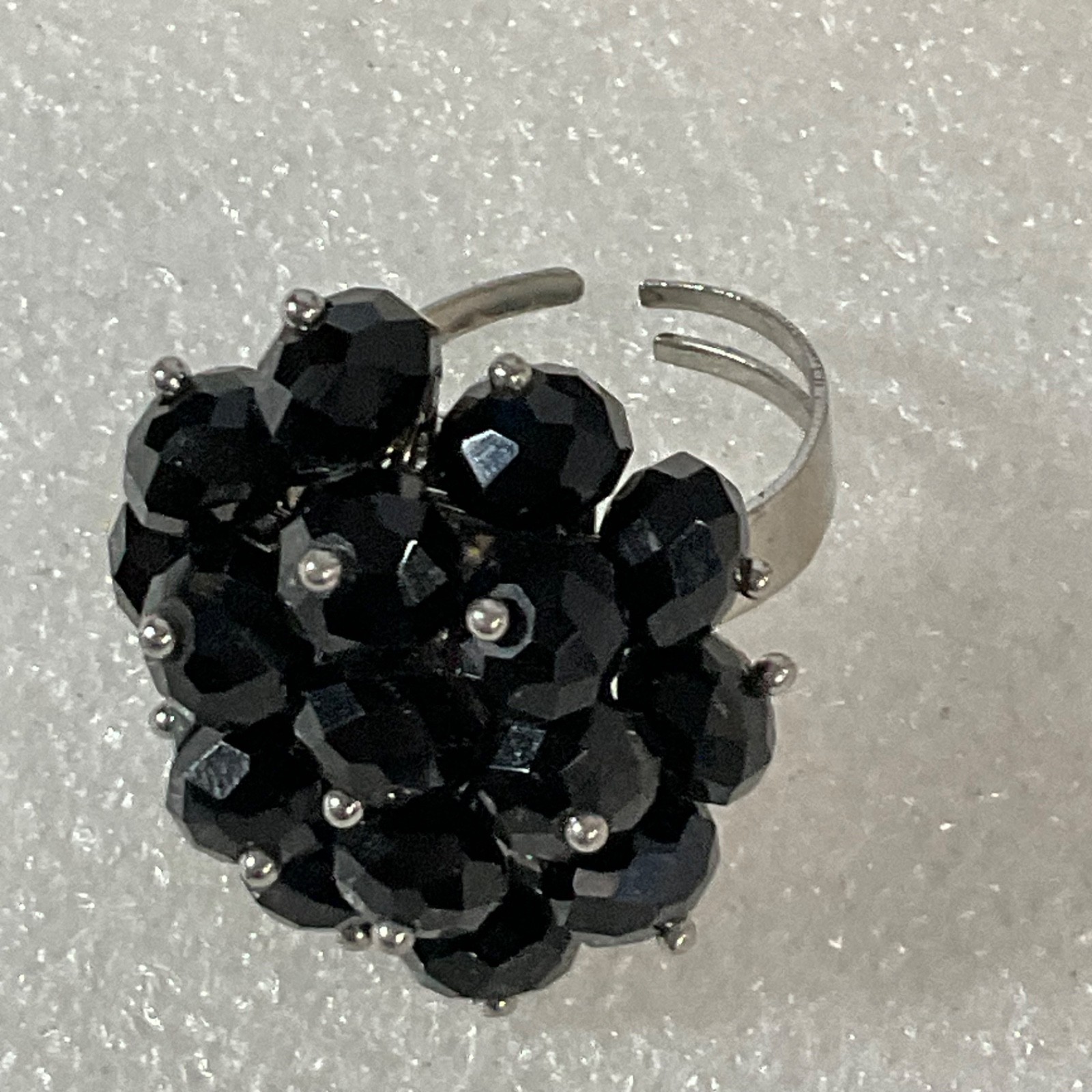 Black Faceted Bead Cluster Adjustable Ring Silver Tone 1in - Image 1