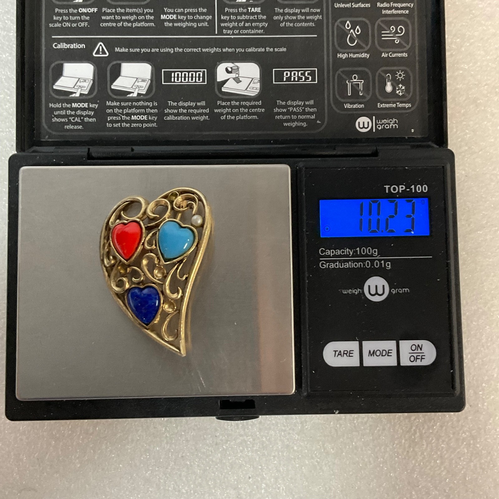 1.5in Gold Tone Heart Brooch Red Blue Turquoise Inset 10.23g - Image 4