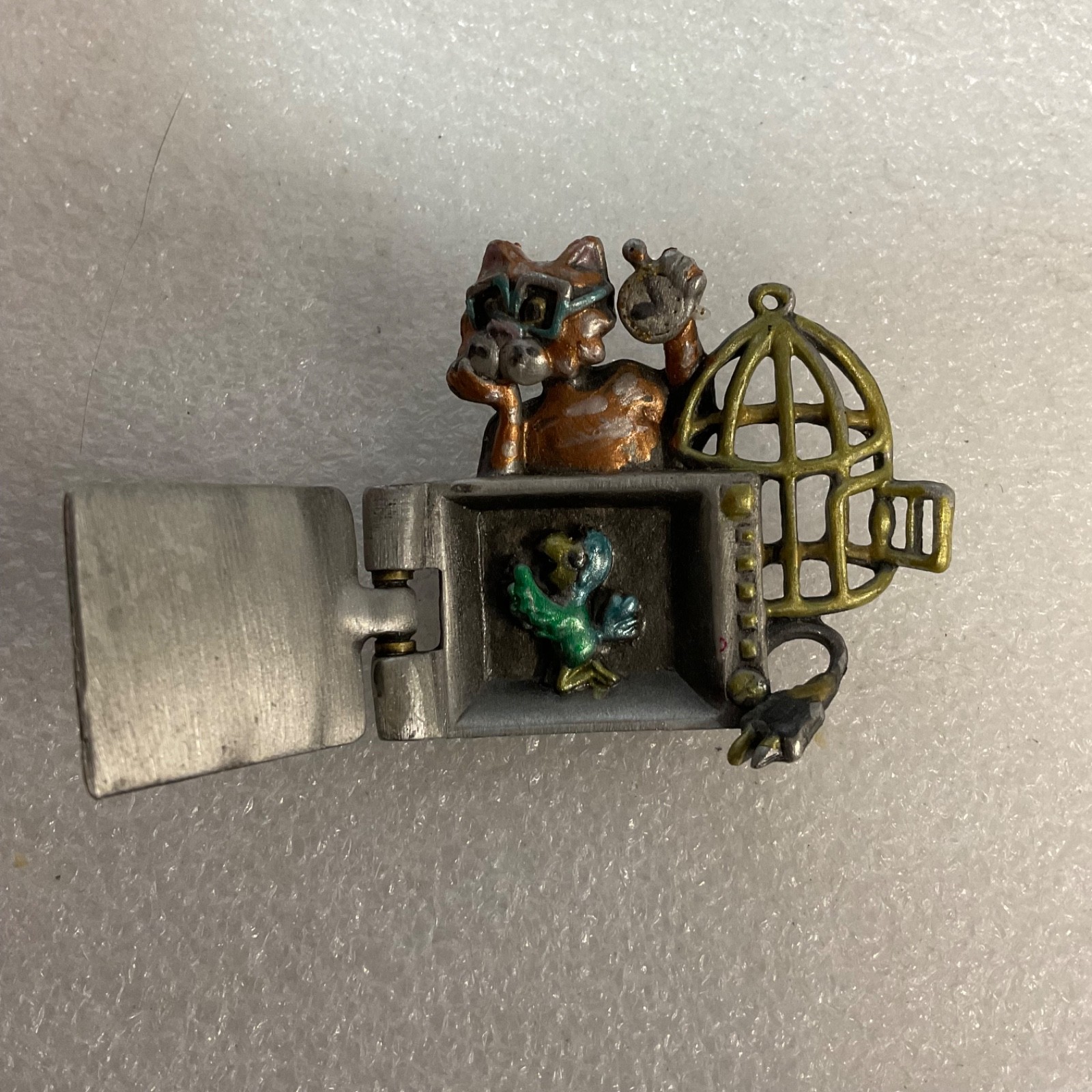 AJC Cat Microwave Bird Cage Brooch 2in Enamel Hinged 22.46g - Image 2