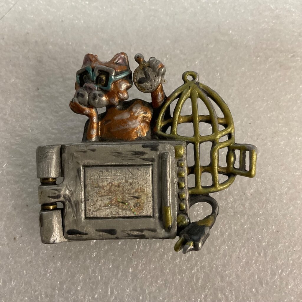AJC Cat Microwave Bird Cage Brooch 2in Enamel Hinged 22.46g - Image 1