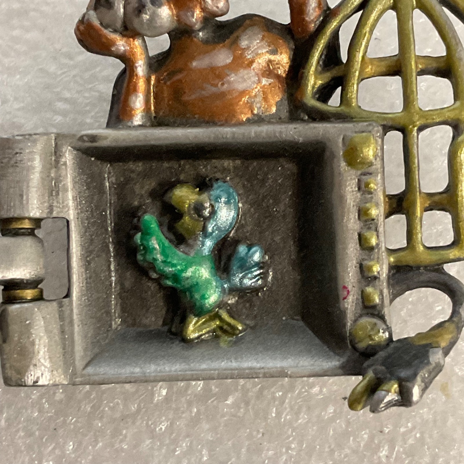 AJC Cat Microwave Bird Cage Brooch 2in Enamel Hinged 22.46g - Image 3